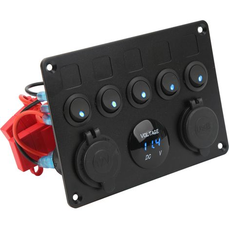 Panneau de 5 interrupteurs étanche 12-24V avec voltmètre numérique rétroéclairé bleu pour bateau, camping-car, remorque, camion (1/5)