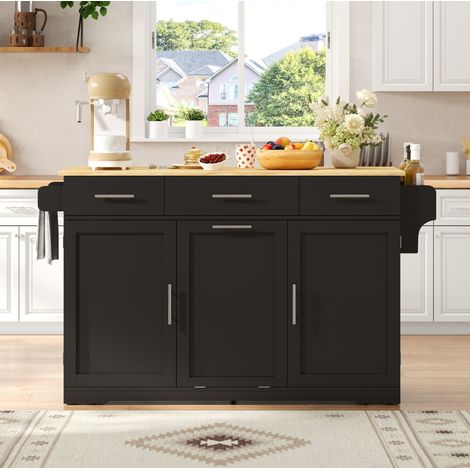 Isola da cucina mobile con piano di lavoro ribaltabile, 3 cassetti, nero e naturale HAVRYA (1/5)