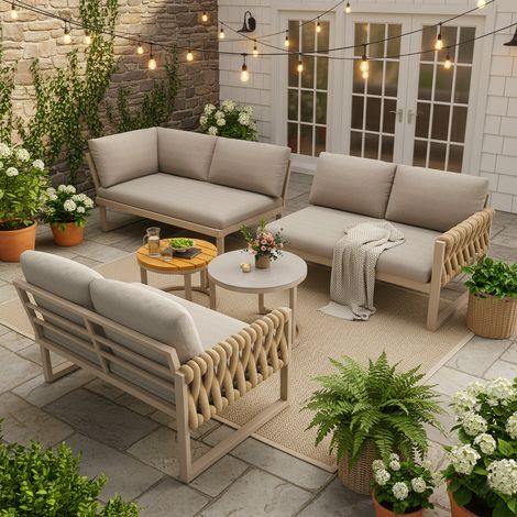 URBAN MEUBLE Salon Jardin Modulaire 5-6 Places Beige - Métal & Oléfine - Coussins Déperlants (1/5)