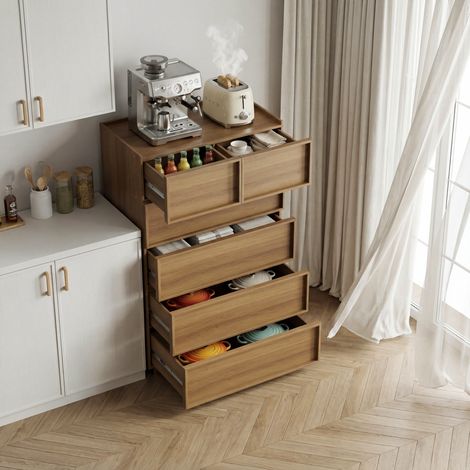 Kommode 80x48x127 cm Eichenfarbe aus MDF und Holzwerkstoff mit 6 Schubladen und Kippschutz (1/5)