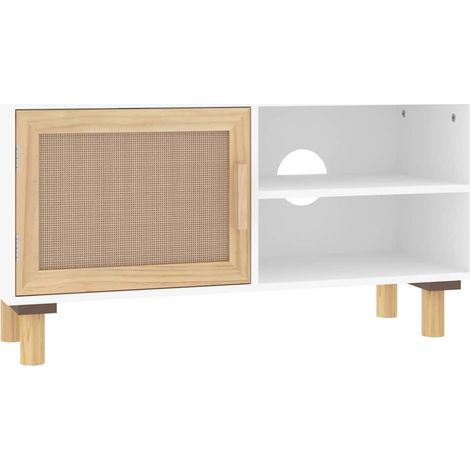Meuble TV, Étagère TV, Meuble de Salon, Blanc 80x30x40 cm Bois de pin massif et rotin naturel OIB7257E (1/5)