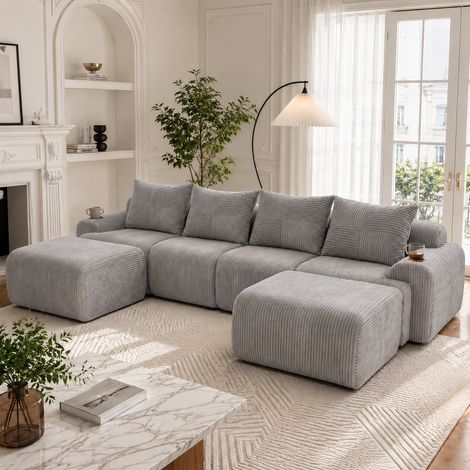 Canapé modulable 4 places en velours côtelé avec 2 poufs, combinable librement, équipé de porte-gobelets intégrés et d’une poche de rangement latérale, idéal pour salon, séjour et autres pièces à vivr (1/5)