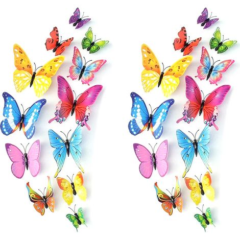 Décoration murale papillons, lot de 24, autocollants papillons 3D aimantés pour décorations de fête (colorés, 24 pièces) (1/5)