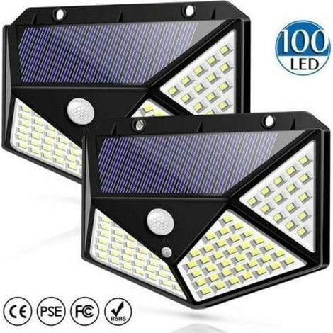 Lot de 2 Projecteurs Solaire avec détecteur de mouvement 100LED Applique murale solaire lumineuse à quatre faces (1/4)
