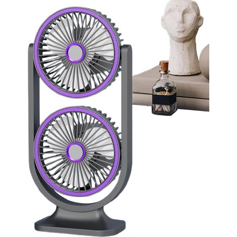 Desktop fan, USB rechargeable, quiet operation, dual-head design, suitable for home, outdoor, travel, and school use. Dimensions: 14 x 9.5 x 30 cm, purple.