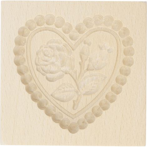 Moule à biscuits en bois à démouler facilement, réutilisable et lavable, sculpté en forme de cœur et de rose, idéal pour la pâtisserie maison. Motifs : cœur et rose. (1/5)