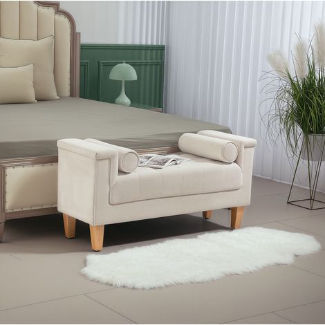 Banc rembourré en chenille avec accoudoirs, 2 coussins cylindriques, 115 x 44 x 58 cm, beige HAVRYA (1/5)