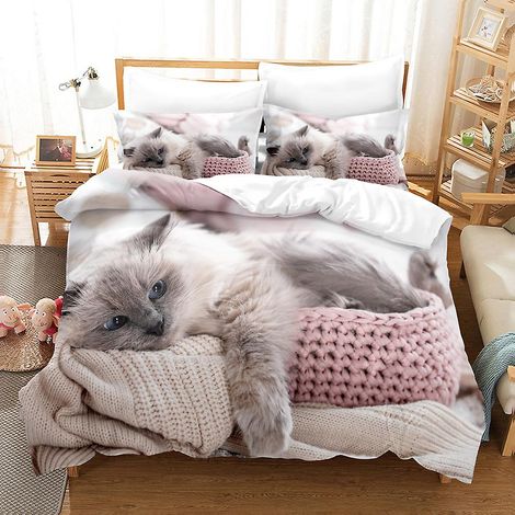 Parure de lit imprimée 3D Chat C14 : housse de couette, taie d'oreiller