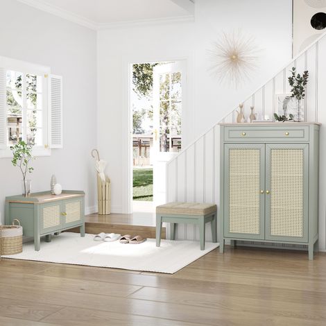 Banc à chaussures meuble de rangement - avec façades cannage poignée - avec étagère sur pieds 2 placards - en alliage d'aluminium vert