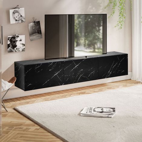 Meuble TV suspendu 3 portes 160x30x30 cm effet marbre noir - KYONI