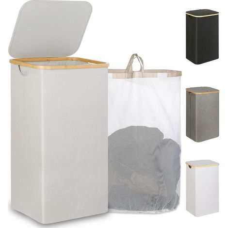 Panier à linge pliable 97L avec couvercle sac intérieur amovible cadre en bambou tissu imperméable et respirant