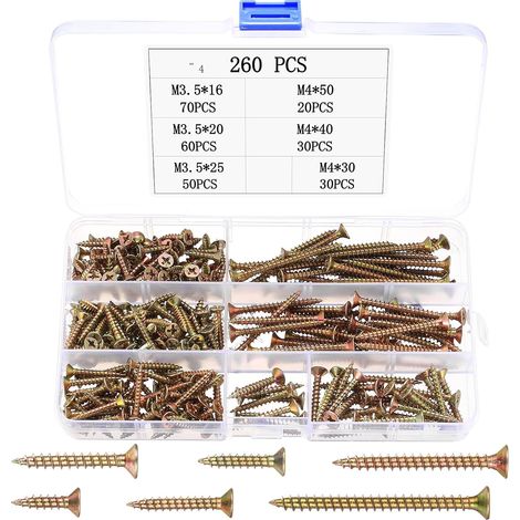 Lot de 260 vis universelles à bois - Assortiment de vis à tête fraisée cruciforme - Vis autotaraudeuses - Pour maçonnerie, meubles, bois (1/5)