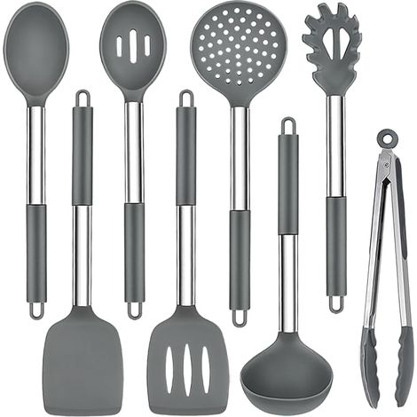 Juego de 8 utensilios de cocina de silicona con mangos de acero inoxidable, aptos para freír, servir, etc., en color gris. (1/5)