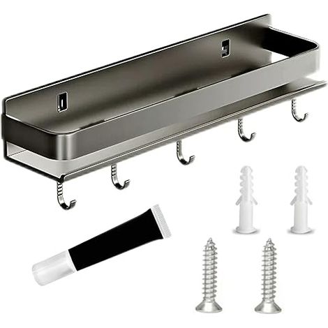 Étagère épices murale adhésive avec crochets, rangement cuisine pratique, support condiments ustensiles sans perçage (1/5)