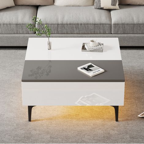 Table basse relevable 70x70x35 cm blanche et grise en MDF avec rangement dissimulé et LED (1/5)