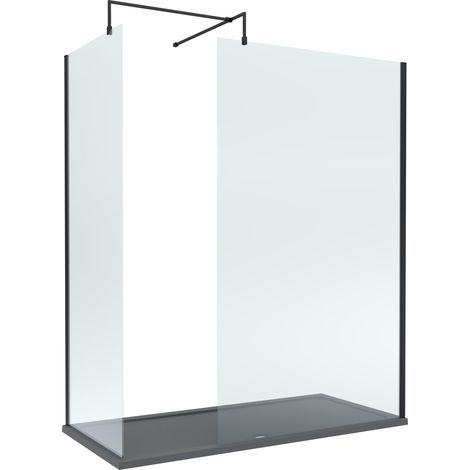 8mm Glass Walk In Wetroom Screens with Matt Black Profile and Slate Grey Shower Tray - 1700 x 800mm
