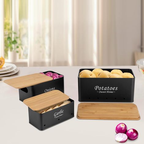 Pommes de terre, oignons et ail boîte de rangement, 3 boîtes de conservation pour une durée de conservation prolongée (noir) (1/5)
