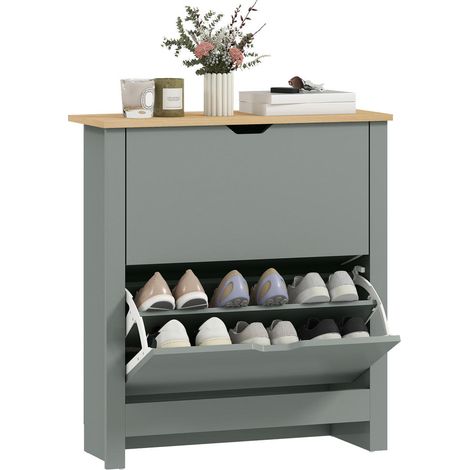 Entrée et petits espaces : organisez jusqu'à 12 paires avec ce meuble à chaussures slim à 2 abattants 72x26x80cm gris (1/5)