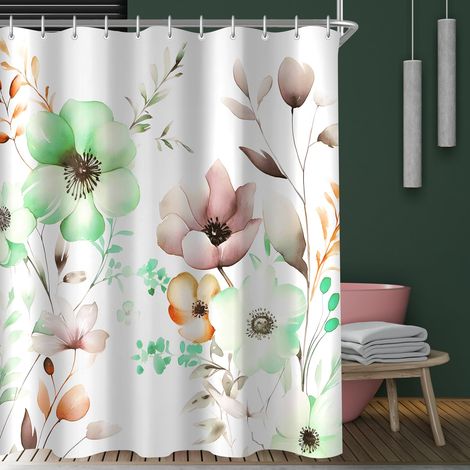 Rideau de douche 240 x 180 cm, motif floral, anti-moisissure, ourlet lesté, imperméable, lavable, en polyester, avec 16 œillets et anneaux de rideau de douche, pour salle de bain, baignoire (1/5)