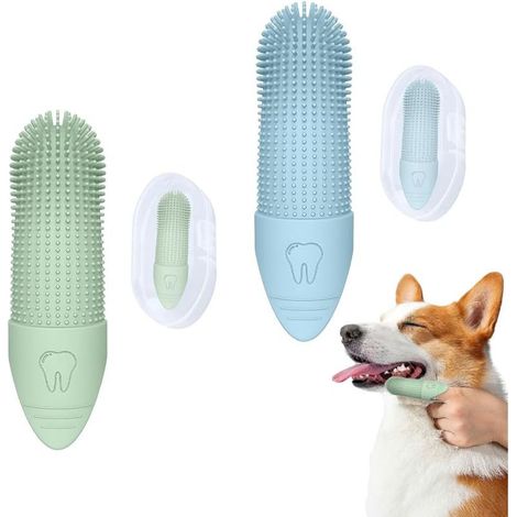 Set of 2 silicone toothbrushes for dogs and cats including storage case for teeth cleaning, tartar removal, fresh breath and healthy gums (1/5)