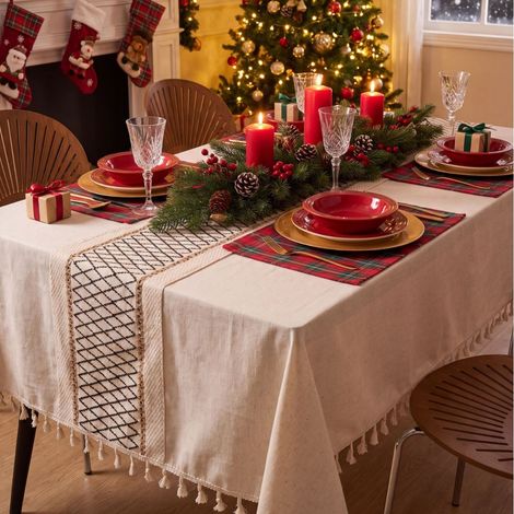 Nappe de table à carreaux noirs et jaunes - Décoration festive pour salle à manger - 140-160 cm (1/5)