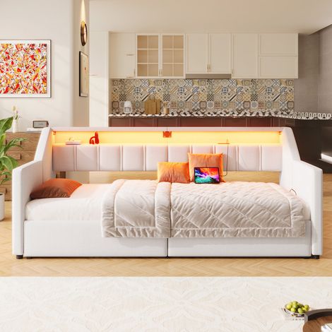 Canapé-lit 90 x 200 cm - avec USB + Type-C - avec éclairage LED - avec 2 tiroirs - beige (sans matelas)