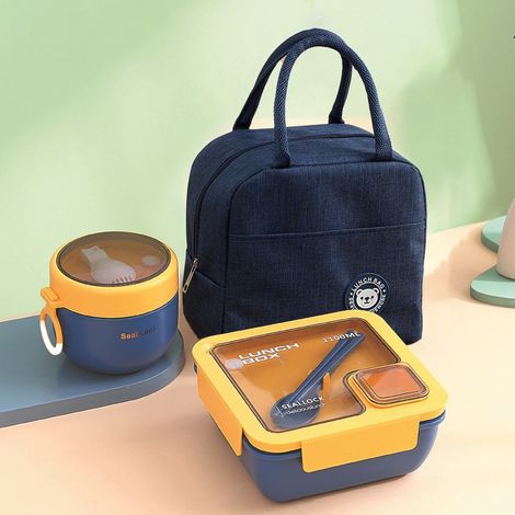 Boîte à lunch - 1100 ml + 1 bol à soupe - Sac isotherme - Élégante - Pratique - Bleue (1/4)