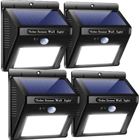 Luces solares para exteriores – iluminación de seguridad con sensor – 3 modos para exteriores para caminos de jardín, vallas, puertas, garajes (Blanco – paquete de 4) (1/4)