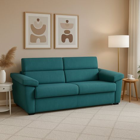 Divano Fisso 3 Posti Giffone, Sfoderabile, Lavabile Made in Italy, Braccioli, 225x95 cm Azzurro (1/5)