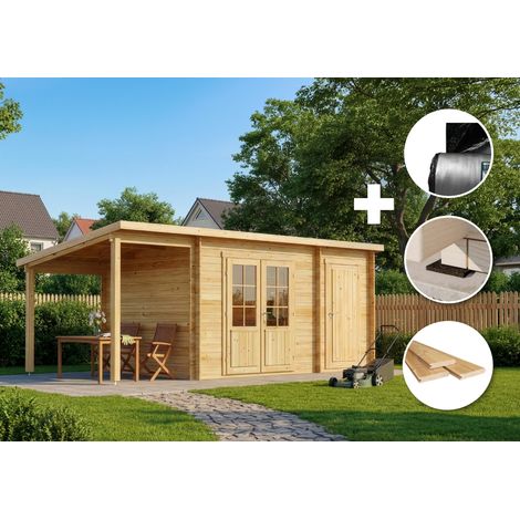 ECO Set - Abri de jardin Maria toit en pente avec annexe Naturel , 28 mm Épaisseur paroi 598 x 272 cm (1/4)