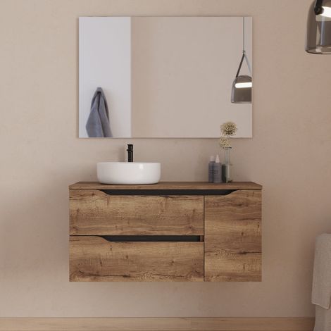 Meuble de salle de bain 100cm avec plateau, vasque à poser déportée à gauche Ares et miroir - 2 tiroirs et un placard - tabaco (bois foncé) - ZARZA