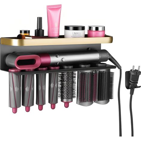 Soporte de pared de aluminio negro/dorado para Dyson Airwrap, compatible con secadores y planchas de pelo, para el hogar/baño. (1/5)
