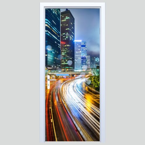Pegatina de tela para puerta con diseño de luces de la ciudad por la noche 559PD