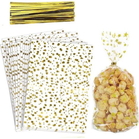 Sachets en cellophane étoiles dorées, 100 sachets pour biscuits avec attaches métalliques pour cadeaux (1/4)