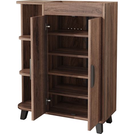 Armoire à chaussures étroite, double porte, aspect bois, étagères ouvertes, rangement supérieur, idéale pour couloir et petits espaces (1/5)