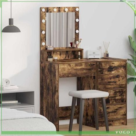 Coiffeuse - ABI - Chêne fumé - 50 x 41 x 135 cm - Miroir intégré - Lumières LED (1/5)