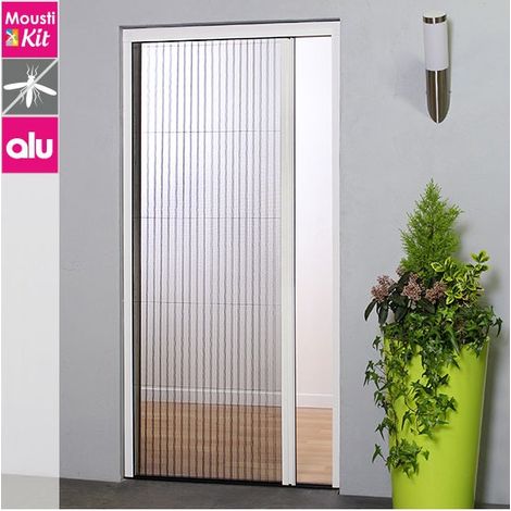 Moustiquaire plissée pour porte ou porte-fenêtre – H230 cm x L140 cm – Ossature aluminium laqué blanc – Toile en polypropylène noir – Moustikit (1/3)