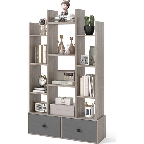 COSTWAY Open-Back Bookshelf Wood Bookcase w/ 12 Compartments-Grey (1/5)