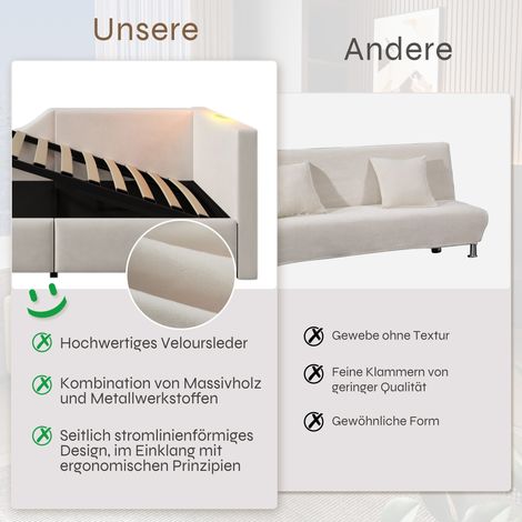 Lit capitonné 90x200cm, canapé convertible avec coffre hydraulique, éclairage de lecture et prise USB-C, lit pour enfant et adolescent, sommier à lattes en bois, tissu velours, teinte sable. (1/5)
