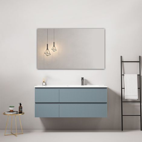 Mobile bagno sospeso cannettato 120 cm Blu Avio Lavabo a Destra in Ceramica Specchio Quadro - Fiji Paint (1/4)