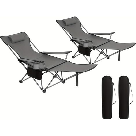 Chaise Longue Pliable – Dossier Réglable/Détachable, Repose-Pieds. Porte-Gobelet, Sac Inclus. Modèle (Gris 2 pcs). (1/5)