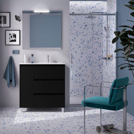 Ensemble complet Noja 850 3 tiroirs et 1 porte gauche Noir Satin + meuble-lavabo + miroir + lampe (1/3)