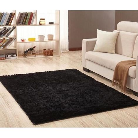 Tapis de Sol Shaggy Confortable Moquette Anti-dérapant Absorbant Velours Décor Maison 80120cm Noir (1/2)