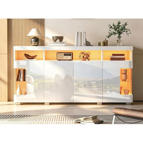 Buffet Blanc Brillant pour Salon avec Lumière à Télécommande, Commode avec Charnières Fermeture Douce, Armoire Living avec Anti-basculement pour Entrée et Salle à Manger, 140 x 40 x 70 cm (1/5)