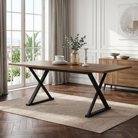 Esstisch, 180 cm lang x 90 cm breit x 75 cm hoch, moderner Stil, robust und langlebig, Metallbeine, bietet Platz für 6-8 Personen, schlichter moderner Stil, Walnussholzfarbe + Schwarz. (1/5)