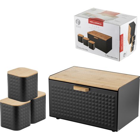Küchenset: Brotkasten und 3 Behälter für Kaffee, Tee, Zucker, Florina Cube, schwarz