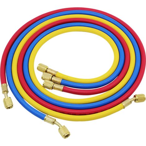 Set 3 Mangueras Carga R410A 90cm  Conexión 1/4"H x 5/16"H  Con Depresor  Kit Profesional Alta Presión