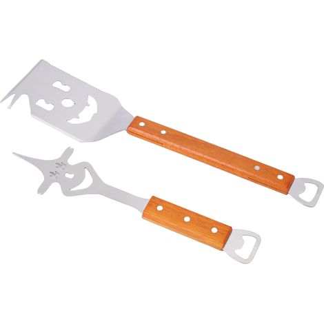 Spatola da barbecue con forchetta per griglia, in acciaio inox, con manico in legno multifunzionale per gli appassionati di grigliate. (1/5)