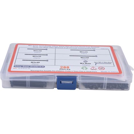 Kit 200 pièces boulons et écrous hexagonaux, visserie tête cylindrique 12.9 acier carbone, assortiment avec clés pour usage industriel, lot complet. (1/5)