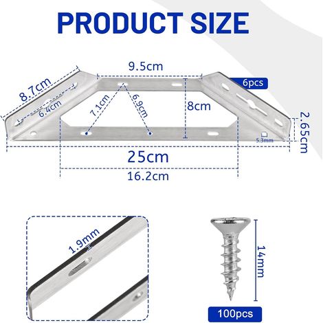LALAGO 6 Pièces Connecteur D'angle en Acier Inoxydable 250x80x26mm, Support Forme Triangulaire Pince, Connecteur de Meubles, Équerre de Fixation pour Étagères, Armoires, Tables, Chaises en Bois